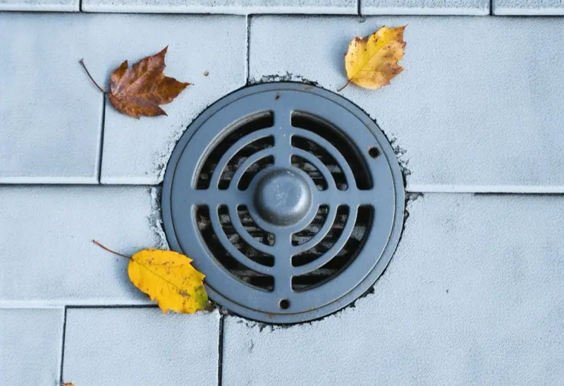 Metal roof drain strainer on a flat roof with fallen leaves around it