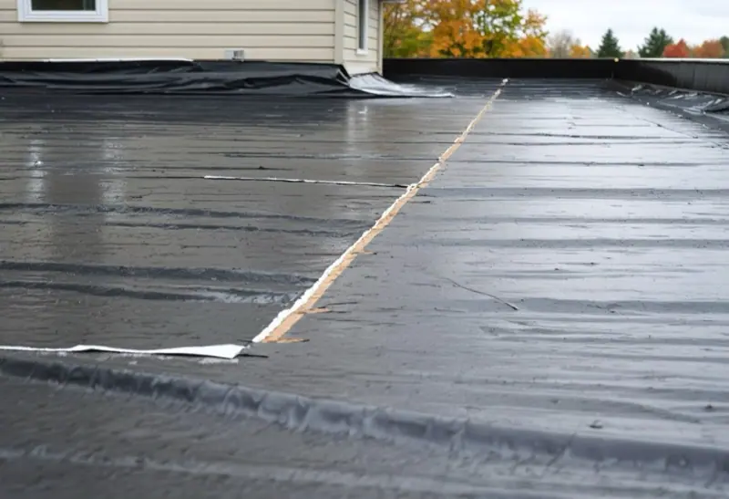 Black EPDM rubber membrane covering a flat roof behind a house
