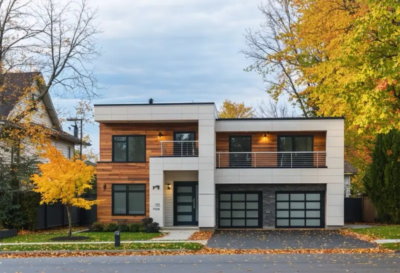 Modern two-storey house with a flat roof on a street with autumn trees