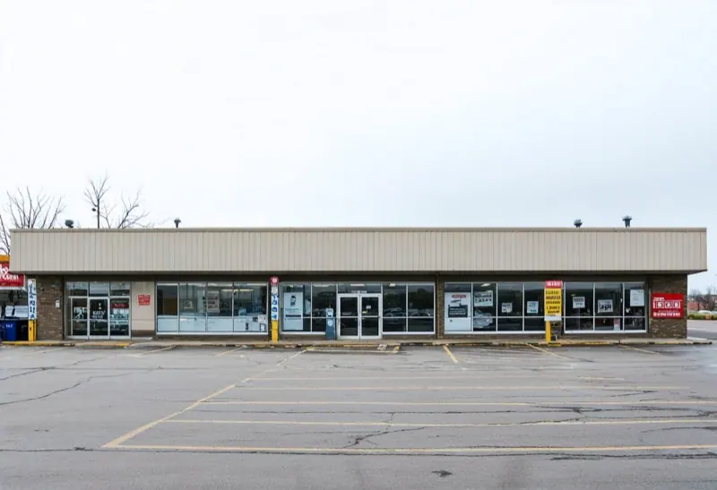 Single-storey retail plaza with a flat roof and an empty parking lot