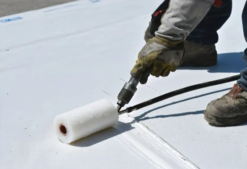 Roofer heat-welding the seam of a white membrane and pressing it with a roller