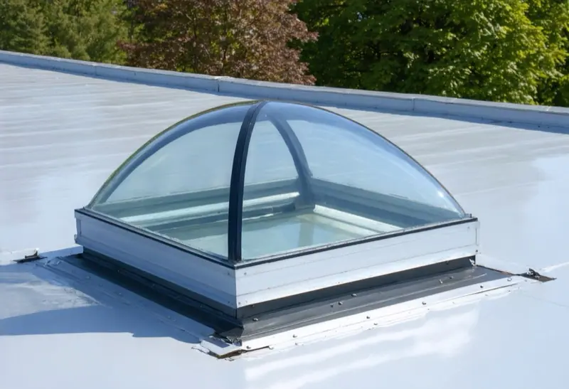 Domed skylight set into a white flat roof