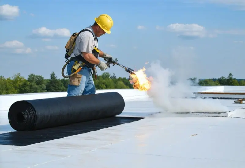 Roofer unrolling a torch-on membrane on a flat roof with a propane torch